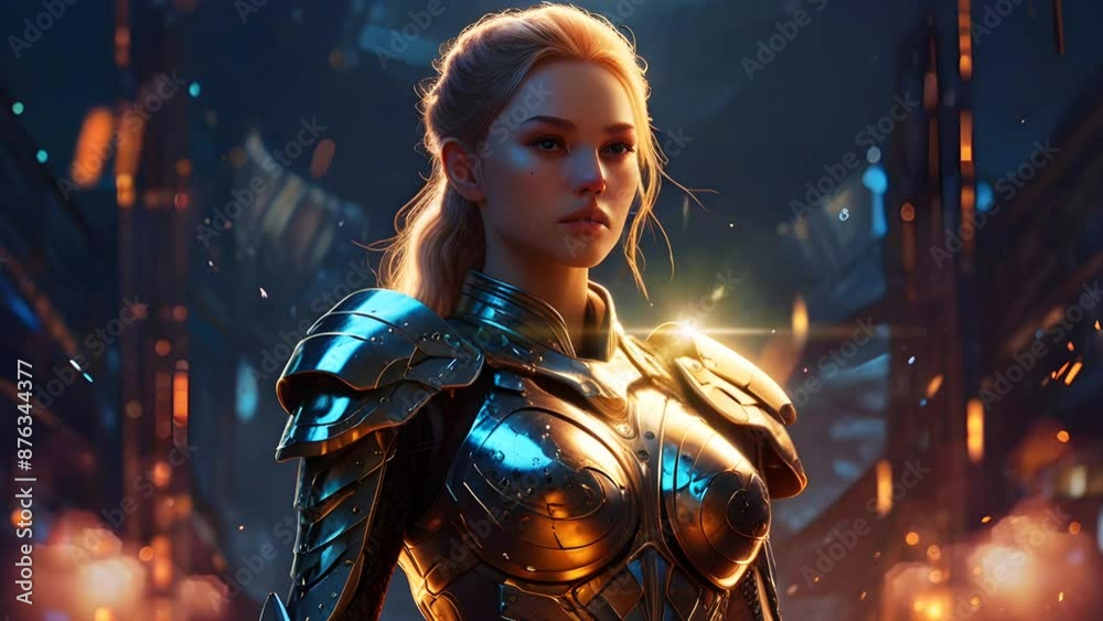 A girl in sparkling armor, in a smooth looping background with 4K video animation. A girl in sparkling armor, in a smooth looping background with 4K video animation.