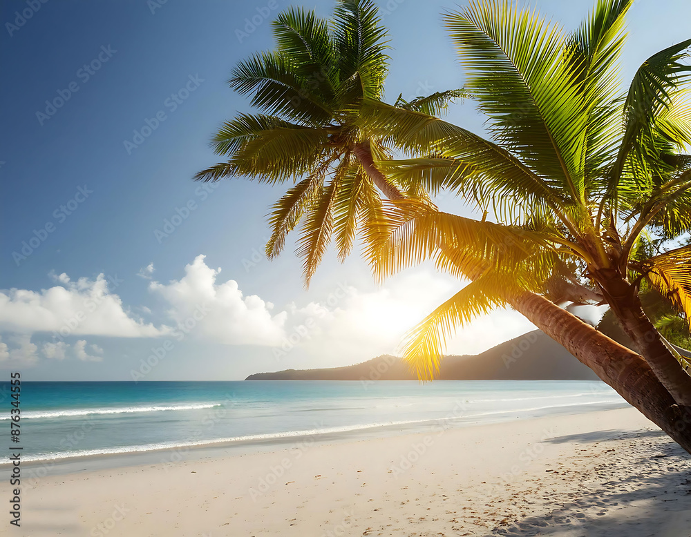 Obraz premium Sandy Beach Lined with Palm Trees Under a Sunny Blue Sky