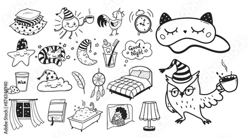 Bedtime sleep vector line art hand drawn illustrations collection