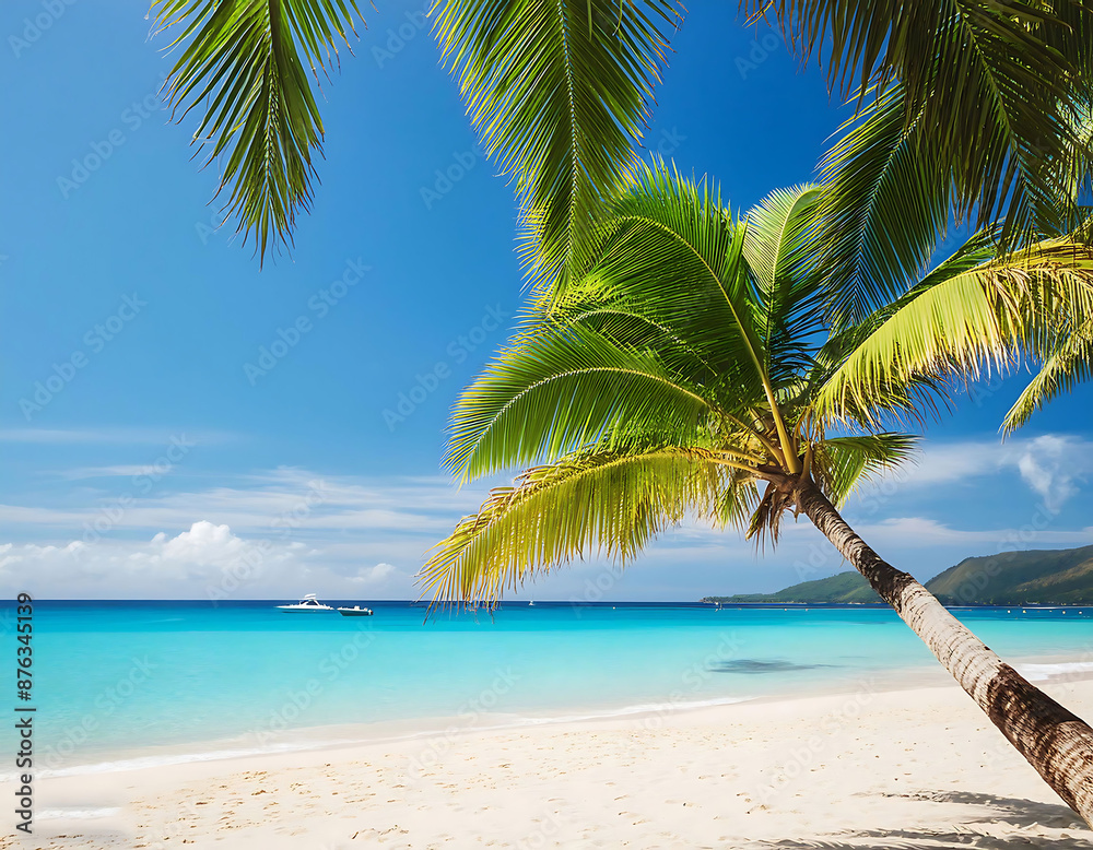 Sandy Beach Lined with Palm Trees Under a Sunny Blue Sky Sandy Beach Lined with Palm Trees Under a Sunny Blue Sky