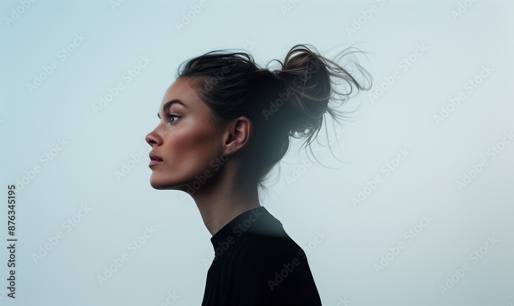 Elegant Woman in Silhouette with Stylish Updo Hairstyle and Black Turtleneck Exuding Timeless Beauty and Grace Elegant Woman in Silhouette with Stylish Updo Hairstyle and Black Turtleneck Exuding Timeless Beauty and Grace