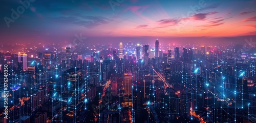 Cityscape at Dusk with Interconnected Lights