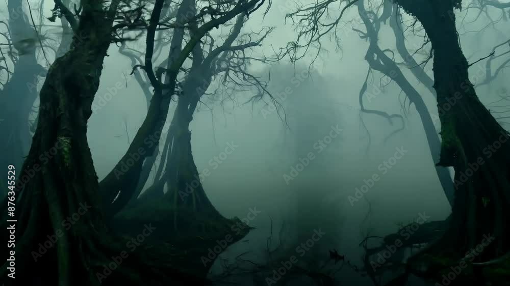 Mysterious foggy forest with ancient trees and mist