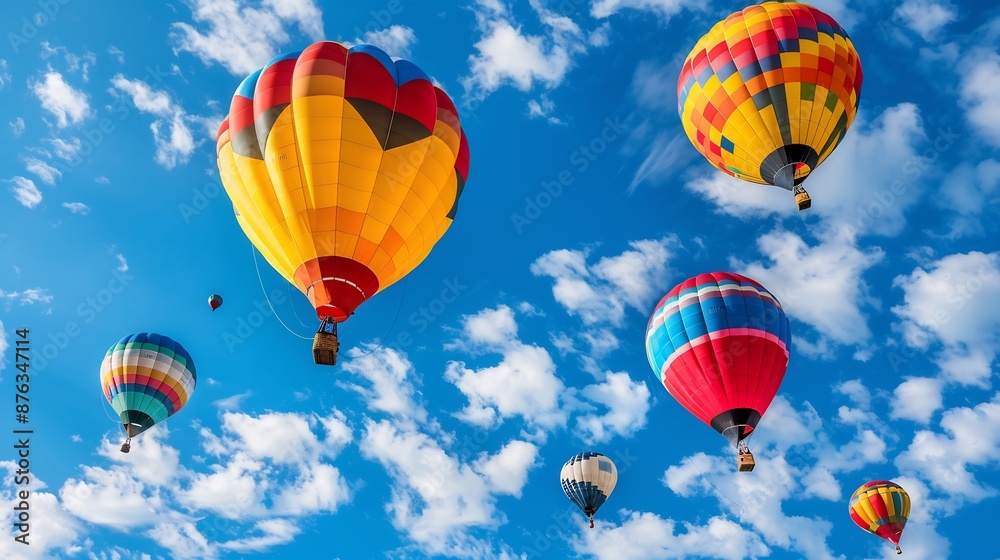Colorful hot air balloons soaring in blue sky, vibrant travel and adventure concept. Colorful hot air balloons soaring in blue sky, vibrant travel and adventure concept.