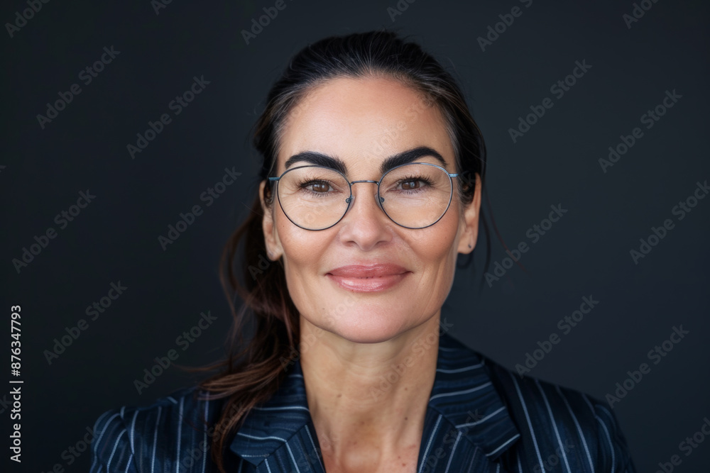 Close-up portrait of a middle aged woman of Middle Eastern descent, studio photo, against a sleek gray studio backdrop Close-up portrait of a middle aged woman of Middle Eastern descent, studio photo, against a sleek gray studio backdrop