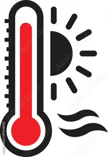 Heatwave icon, climate change, global warming icon, Thermometer icon with sun.