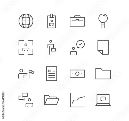 Set of business and finance icons, target, check, presentation, mail, magnifying glass and linear variety vectors.	
