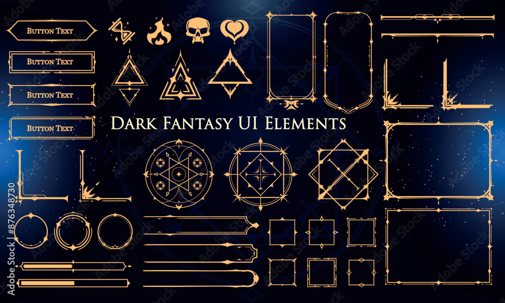 Set of Dark Fantasy Elements for user interface, poster, video. Fantasy magic HUD. Template for rpg game interface. Vector Illustration EPS10