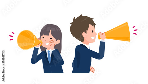 紺色のブレザーを着た学生男女。メガホンで応援。横向き。