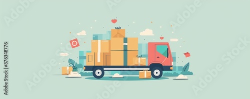 Delivery truck with boxes, flat design illustration.