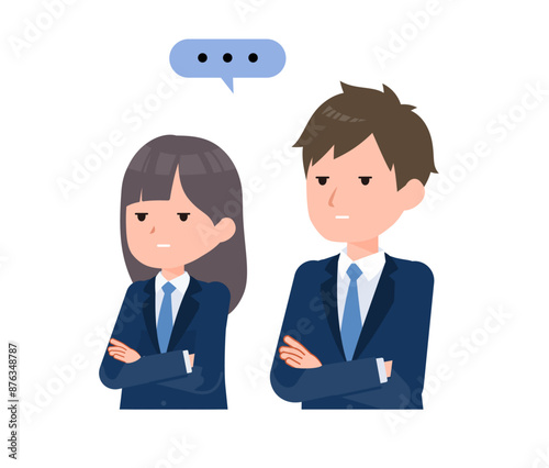 紺色のブレザーを着た学生男女。不信感、呆れる、困惑。斜め向き。