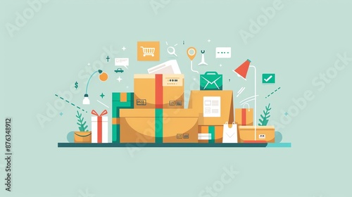 Flat design illustration of multiple cardboard boxes with shipping and delivery icons.