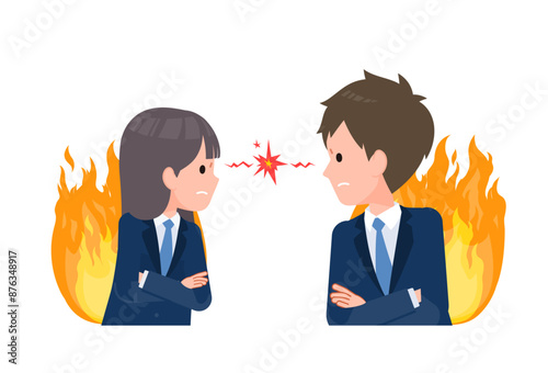 紺色のブレザーを着た学生男女。爆発寸前のケンカ中のにらみ合い 。