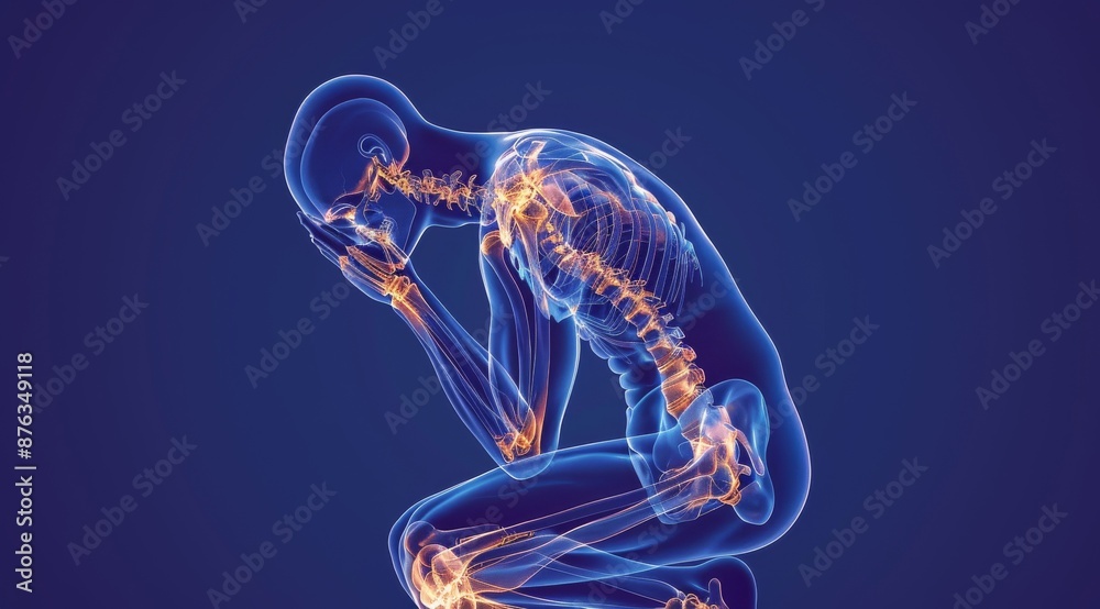 Human skeleton in a crouching position showing joints and bones structure Human skeleton in a crouching position showing joints and bones structure