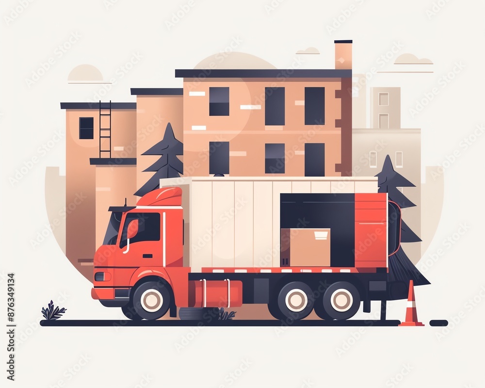 Red delivery truck with open back door parked in front of a building.