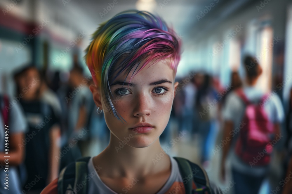 Confident Young Person with Rainbow Hair Standing in School Hallway Confident Young Person with Rainbow Hair Standing in School Hallway
