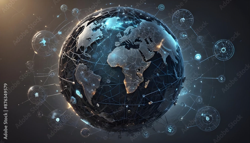 Fototapeta premium Global AI network visualized as a glowing, interconnected web spanning the Earth Globe. AGI and ASI.