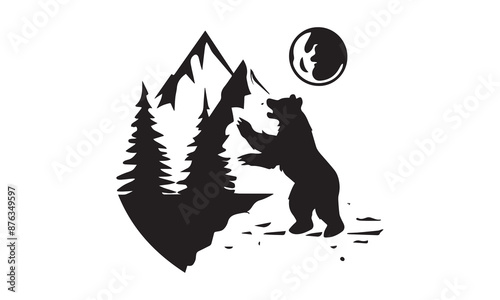 A silhouette of a bear standing on its hind legs at the edge of a mountain cliff, with a full moon in the background