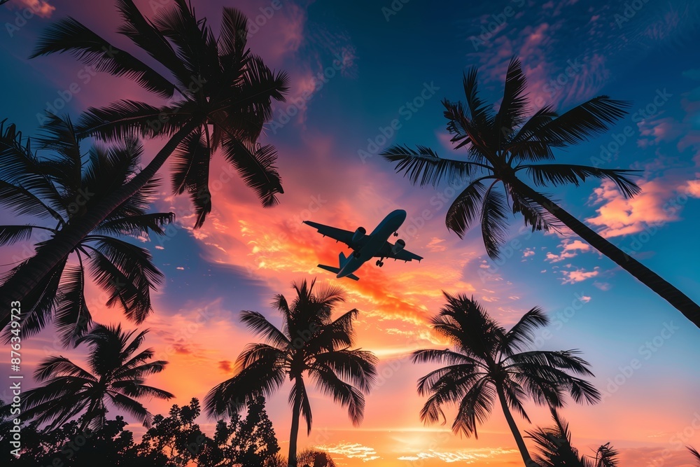 A Stunning Tropical Scene with Airplane Silhouette at Sunset A Stunning Tropical Scene with Airplane Silhouette at Sunset