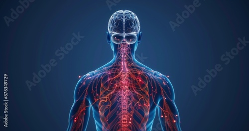 Human body with an x-ray view showing nervous system and brain