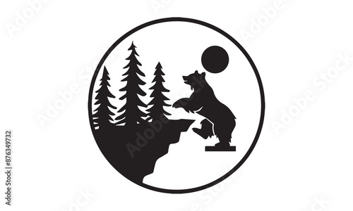A silhouette of a bear standing on its hind legs at the edge of a mountain cliff, with a full moon in the background