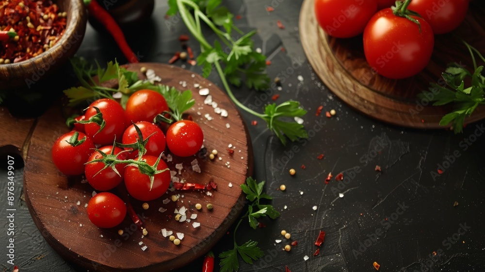 Fresh Tomatoes and Spices on Dark Surface Fresh Tomatoes and Spices on Dark Surface