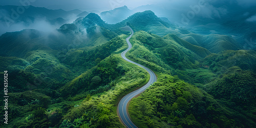 Curving Mountain Road Surrounded by Lush Greenery and Misty Atmosphere ,Scenic Route Through Verdant Mountains in Foggy Conditions 