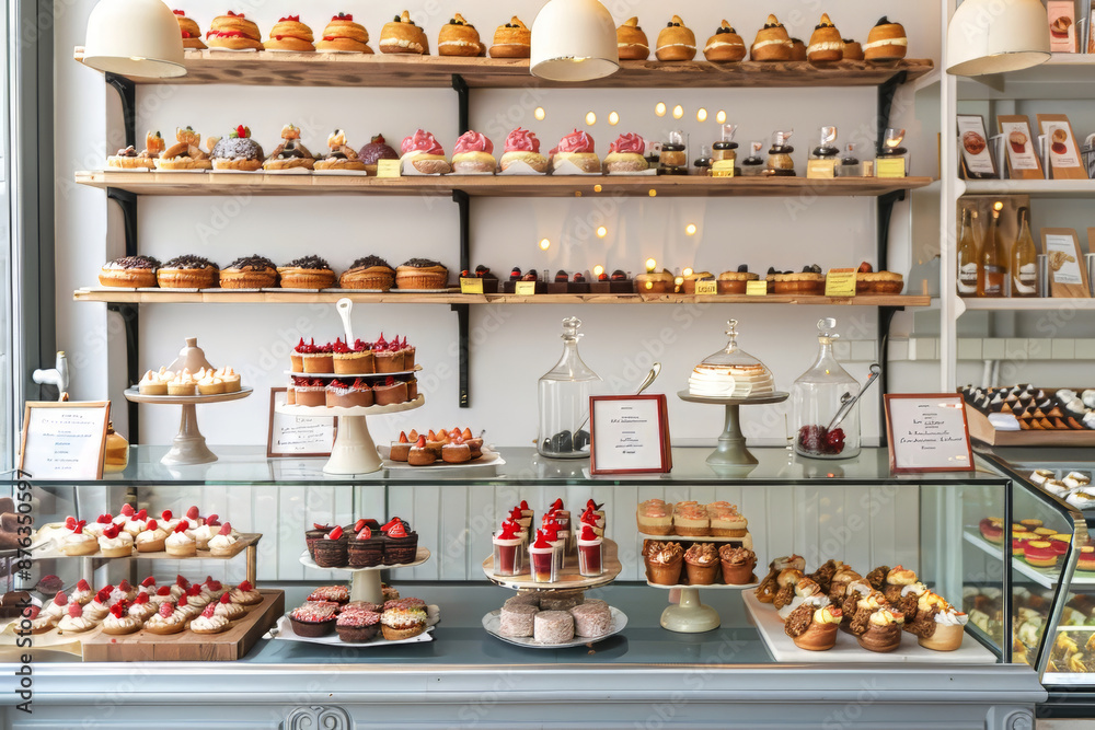 Cozy bakery interior with fresh assortment, Bright and inviting bakery showcasing a variety of bread and pastries Cozy bakery interior with fresh assortment, Bright and inviting bakery showcasing a variety of bread and pastries