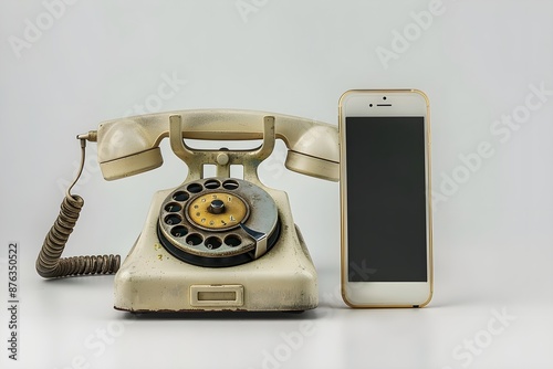 Antique rotary phone vs smart phone in white background,