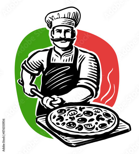 Chef cook with pizza on background Italian flag. Pizzeria restaurant logo. Emblem vector illustration