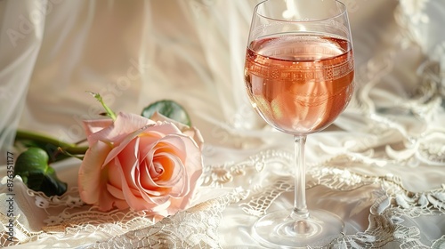 Elegant_glass_of_wine_and_a_delicate_rose_on_a_lace-cover_background_generative_ai_image