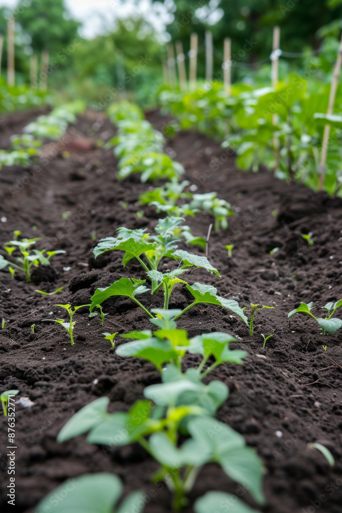 Young vegetable plants sprouting in organic garden Young vegetable plants sprouting in organic garden