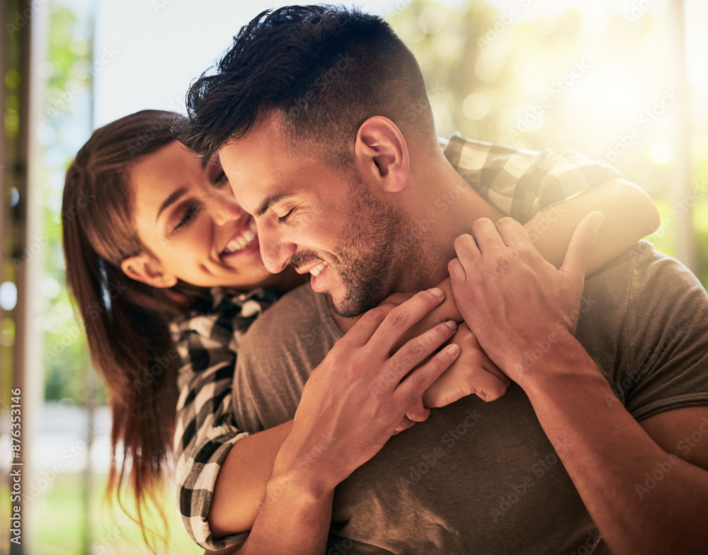 Couple, love and hug for trust, partnership and unity with affection or support. Marriage, together and romantic with smile for man and woman, hands and embrace in home with nature on date for relax