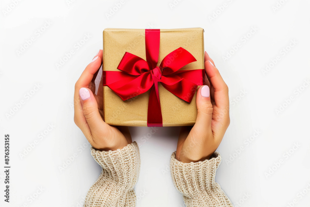 Woman holding gift with red ribbon on white background overhead view Woman holding gift with red ribbon on white background overhead view