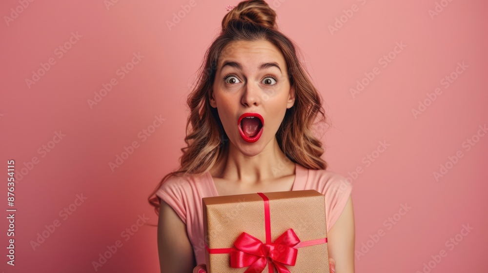 Surprised Young Woman Holding A Gift Box, With An Open Mouth And Standing In Excitement. Surprised Young Woman Holding A Gift Box, With An Open Mouth And Standing In Excitement.