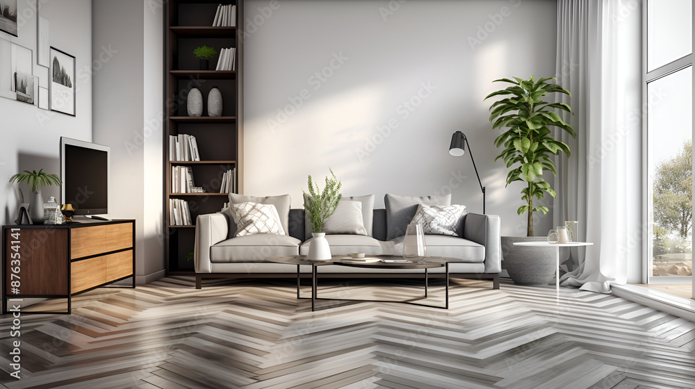 Fototapeta premium Defocused shot of a bright, airy Scandinavian-style living space with minimalist design ,Modern interior design mockup poster blank white frame