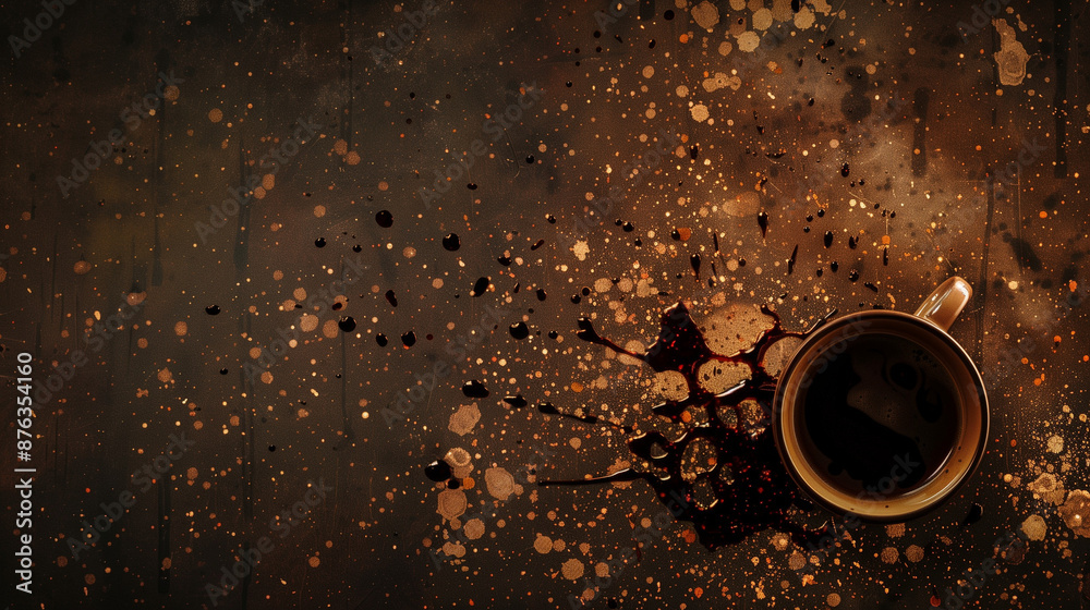 A dark background with stains of spilled coffee drink creates a dramatic contrast, reflecting the intensity and richness of experiences associated with the aromatic world of coffee. A dark background with stains of spilled coffee drink creates a dramatic contrast, reflecting the intensity and richness of experiences associated with the aromatic world of coffee.