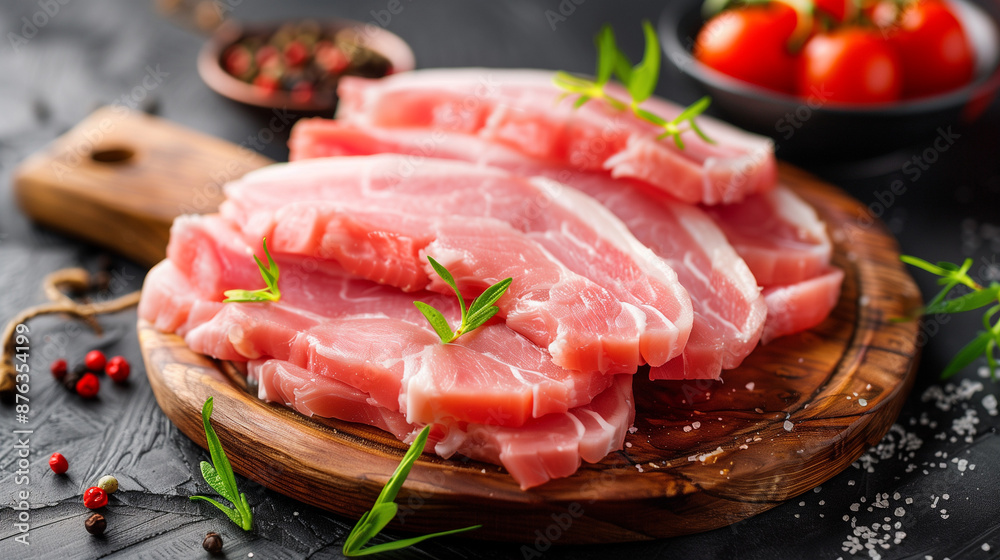 Fresh, raw slices of pork, carefully arranged on a wooden cutting board, look appetizing, exuding natural aromas and texture. Fresh, raw slices of pork, carefully arranged on a wooden cutting board, look appetizing, exuding natural aromas and texture.