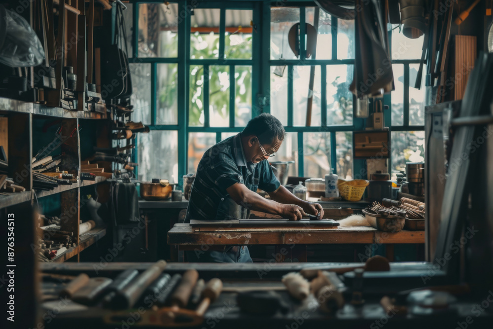 Master craftsman precision woodworking in workshop Master craftsman precision woodworking in workshop