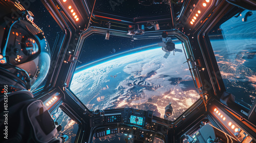 Fototapeta Naklejka Na Ścianę i Meble -  A futuristic space station orbiting Earth