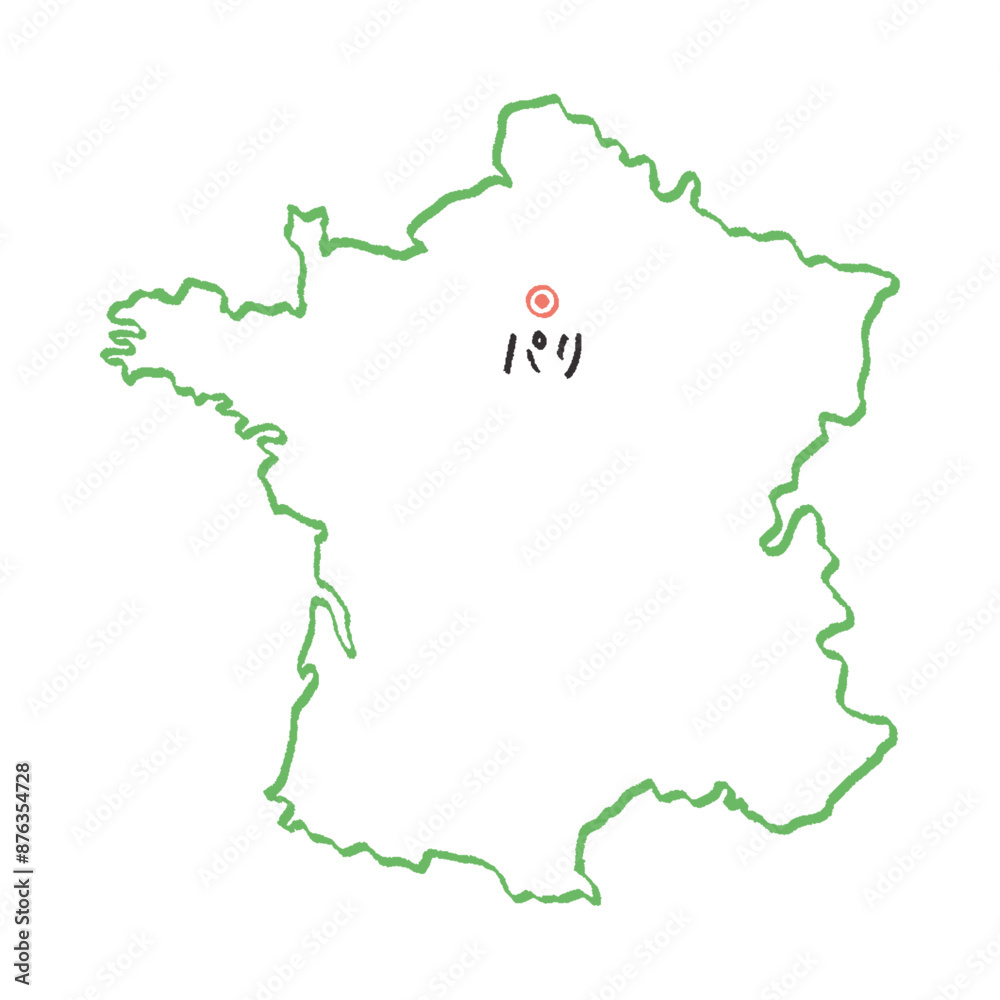 Obraz premium 手描きのシンプルでおしゃれなフランスの白地図 - パリの場所をマークした日本語の線画マップ 