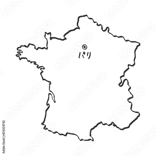手描きのシンプルでおしゃれなフランスの白地図 - パリの場所をマークした日本語の線画マップ
