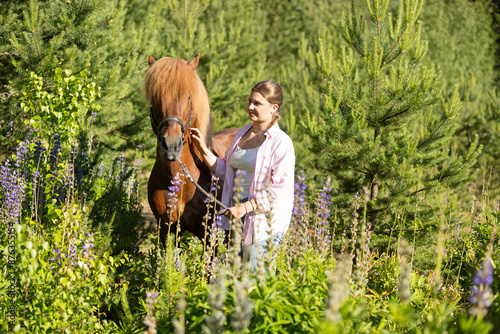 Woman with Icelandic horse between pines at summer evening