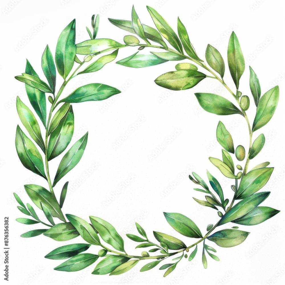 Watercolor wreath of green leaves on a white background. For design of ...