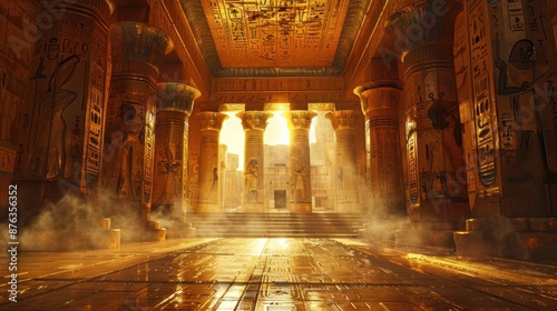 an Egyptian temple interior illuminated by sunlight with hieroglyphic-covered walls and massive columns.