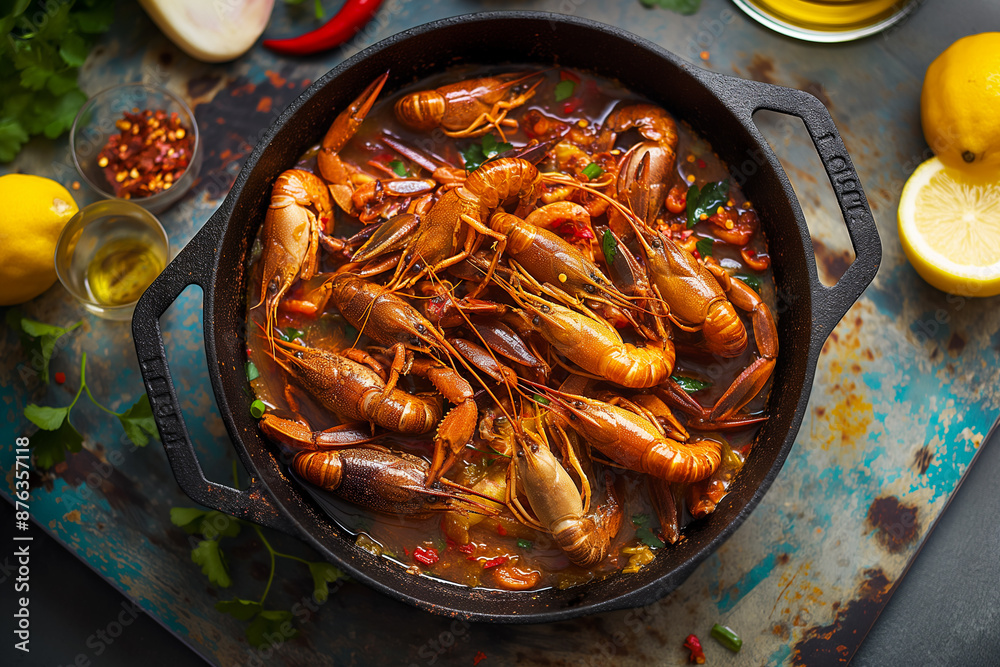Rustic cast iron pot speckled with red pepper flakes, perfect for a flavorful Cajun crawfish boil. Perfect for summer seafood & outdoor dining. Rustic cast iron pot speckled with red pepper flakes, perfect for a flavorful Cajun crawfish boil. Perfect for summer seafood & outdoor dining.
