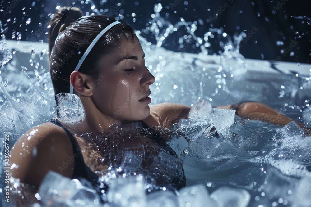 Confident woman athlete relaxing in ice bath, taking a cold plunge to help muscle recovery Confident woman athlete relaxing in ice bath, taking a cold plunge to help muscle recovery