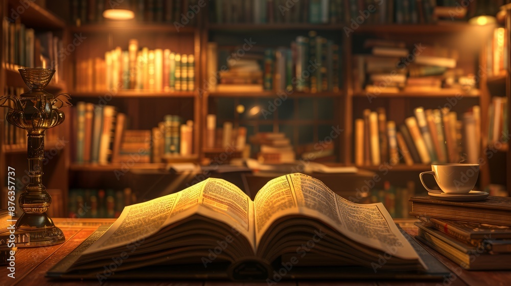 Antique open book in focus, blurred background of library bookshelves, candlelight. Concept of history, literature, and knowledge. Antique open book in focus, blurred background of library bookshelves, candlelight. Concept of history, literature, and knowledge.