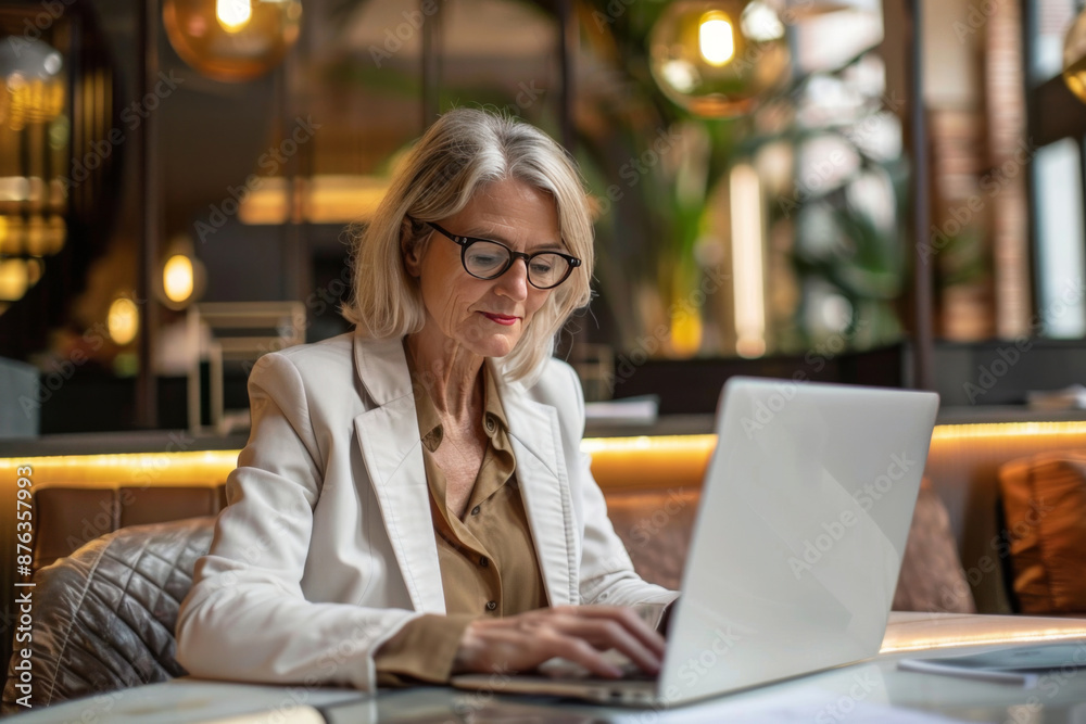 Mature businesswoman working on laptop in cafe Mature businesswoman working on laptop in cafe