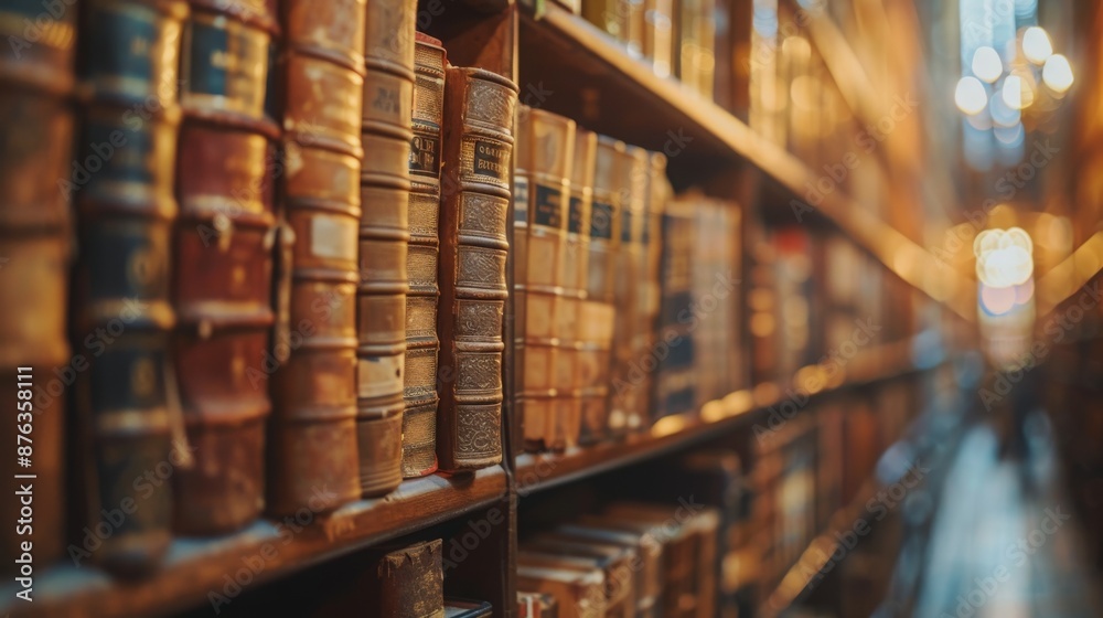 Rows of Antique Books on Wooden Bookshelves in a Vintage Library, Concept of History, Literature, and Knowledge Rows of Antique Books on Wooden Bookshelves in a Vintage Library, Concept of History, Literature, and Knowledge